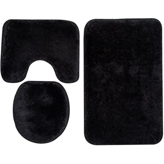 NOGIS Microfiber Bathroom Rug Sets 3 Piece, Non Slip Contour Mat Toilet Lid Cover and Bath Rug Mats Shower Mats for Bathroom Tub Toilet (Black)