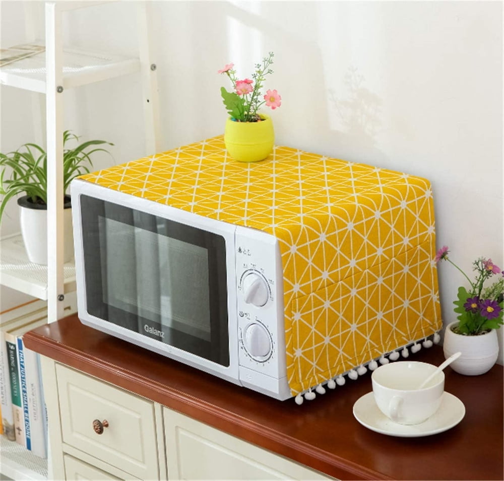 NOGIS Microwave Oven Cover Dustproof Top Cover Cotton Linen Toaster Cover  Kitchen Appliance Protector Decorative Dust proof Cover with 4 Side Storage  Pockets, 11.8 x 35.4 (Yellow) 
