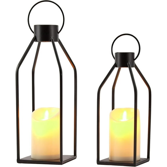 NOGIS Modern Farmhouse Lantern Decor with Waterproof Flameless Candle, 2PCS Black Metal Candle Lantern Decorative for Outdoor Indoor Home Living Room Patio Porch Table (Black)
