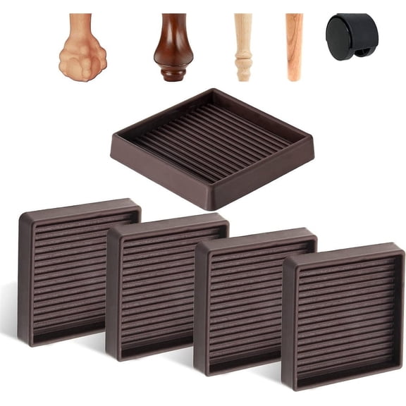 NOGIS Non Slip Furniture Pads - 3X3 Inch Square Rubber Furniture Caster Cups with Anti-Sliding Floor Grip, Anti Scratch Floor Protectors (Brown, Set of 4)