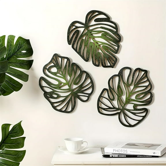 NOGIS Palm Leaves Wood Wall Decor, 3Pcs Tropical Wall Art Jungle Decor, Wooden Natural Leaves Plant Wall Decor for Home Living Room Kitchen Bedroom Bathroom & Garden (Style B)