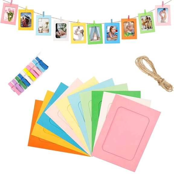 NOGIS Paper Picture Frames for 4x6in Photo, 10pcs Photo Frames for Back to School Decor, Multi Color 10 Clothespins Hanging Photo Display Frames with 1 Ropes for Home, School and Office Decor