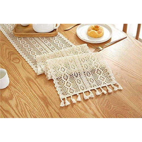 NOGIS Pastoral Style Knitted Hollow Table Runner, Bohemian Cotton Crochet Wedding Table Runner with Tassels,Rustic Woven Lace Dining Table Decor (Wave, 9.4x102inch)
