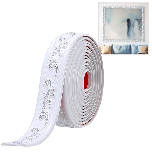 NOGIS Peel and Paste Crown Molding Trim Flexible Molding Trim 6.5 ft x 1.8" Self Adhesive Wallpaper Wall Border Mirror Frame Baseboard Cabinet for Home Decor Edge Background(White Silver)