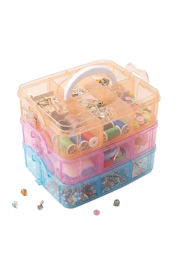 Plastic Compartments Divider Organizer, 3 Layers 18 Compartments Portable Transparent Detachable Craft Storage Box with Handle for Crafts, Jewelry, Toy, Sewing Accessories,Multicolor