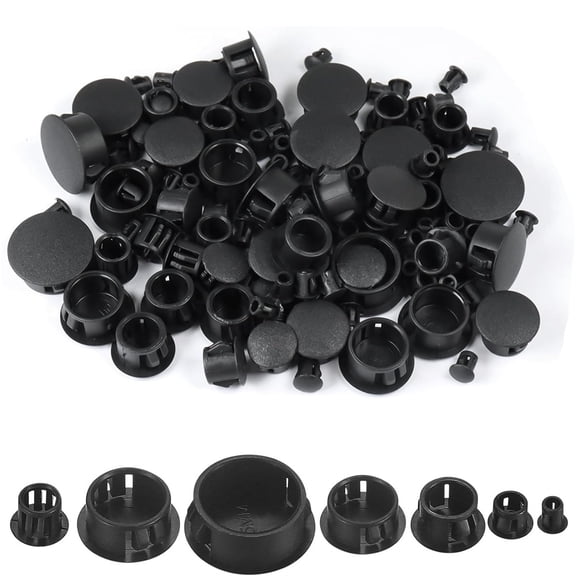 NOGIS Plastic Hole Plugs, 180pcs Black Panel Knockout Locking Plugs, Round Drill Screw Hole Plugs Covers for Kitchen Cabinet Furniture Insert End Caps, 1" 3/4" 1/2" 3/8" 5/16" 1/4" 1/5"