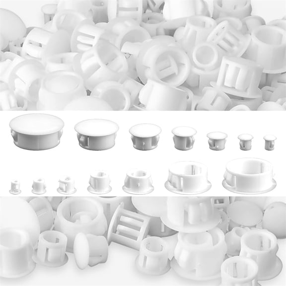 NOGIS Plastic Hole Plugs, 180pcs White Panel Knockout Locking Plugs, Round Drill Screw Hole Plugs Covers for Kitchen Cabinet Furniture Insert End Caps, 1" 3/4" 1/2" 3/8" 5/16" 1/4" 1/5"