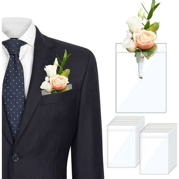 NOGIS Pocket Boutonniere Plastic Flower Sleeve , 20 Pack - Flowers NOT INCLUDED - Fits in Suit Jacket Pocket, No Lapel Pin Required - Perfect for Wedding Groomsmen or Prom and Homecoming