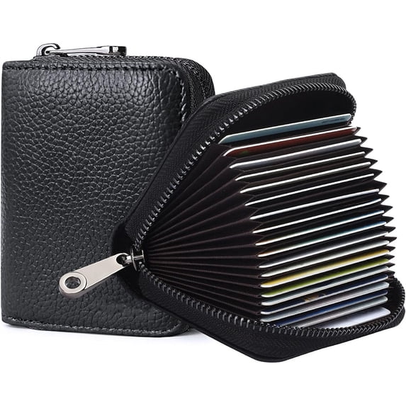 NOGIS RFID 20 Card Slots Credit Card Holder Genuine Leather Small Card Case for Women or Men Accordion Wallet with Zipper (Blcak)