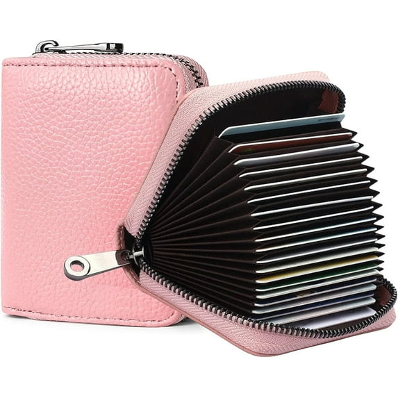 NOGIS RFID Blocking, Leather Credit Card Holder Zipper Wallet With 20 Card Slots, Small Card Case for Women or Men Accordion Wallet with Zipper (Pink)
