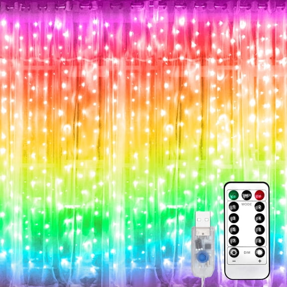 NOGIS Rainbow Curtain Lights LED Curtain Lights Waterproof Fairy Lights Remote Timer Icicle Lights 8 Modes Twinkle Lights for Christmas, Party, Wedding, Bedroom Wall Decoration (7-Color)