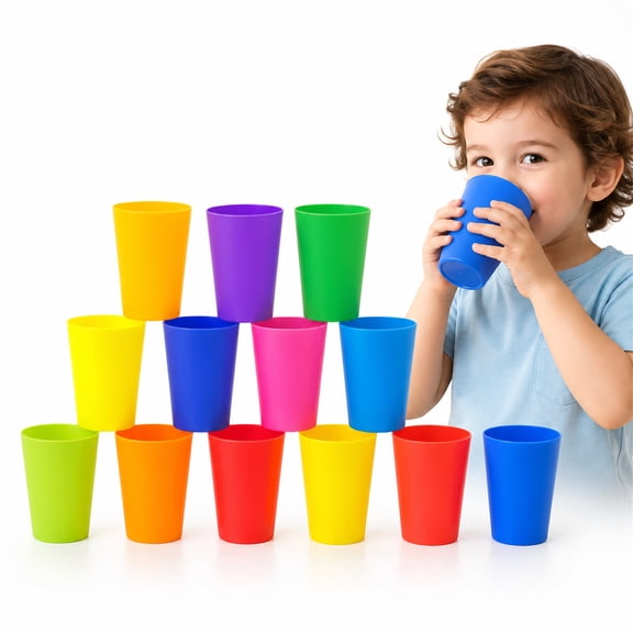 NOGIS 12 Pack Reusable Kids Plastic Cups, 5.6 oz Children Drinking Cups Tumblers, Plastic Tumblers, Unbreakable Plastic Drinking Glasses - Colorful Stackable Party Cups Set (Pack 12-5.6oz)