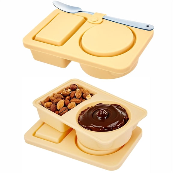 NOGIS Reusable Snack Containers with Lids Silicone, Double Compartment Snackle Box Container, Silicone Condiment Containers with Lids for Snack Sauce (Khaki, Excluding Spoon)