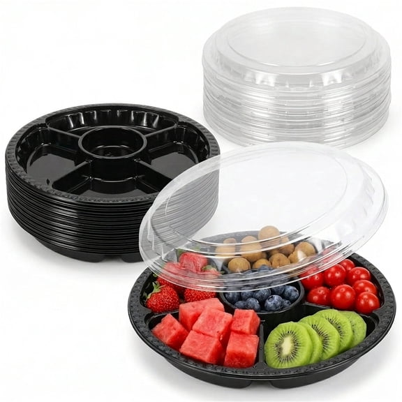 10 Pcs Round Plastic Appetizer Tray with Lid, Artrylin Disposable Clear Divided Serving Tray, Food Storage Trays Containers Fruit Vegetable Trays for Party, Black, 10.4 x 10.4 x 2 Inch