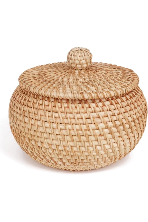 Round Rattan Basket Boxes With Lid Hand Woven Storage Box Multi-Purpose Desktop Tray Storage Basket Decoration for Picnic Food Bread Fruit Table Storage Basket (Style A)