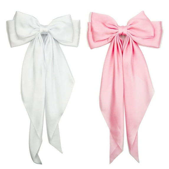 NOGIS Satin Hair Barrettes Clip for Women Large Bow Hair Slides Metal Clips French Barrette Bowknot with Long Tail Silk Hair Bow Hairpin 90's Hair Accessories (Pink+White)