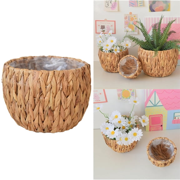 NOGIS Seagrass Indoor Planter Set with Plastic Lining, Large Woven Wicker Baskets for Plants, Flower (Large)