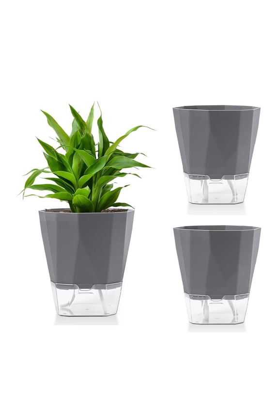 Self Watering Planters, 2 Pack 6.7 Inch Self Watering Pots for Indoor Plants Wicking Pots, Modern Decorative Planter Pot for House Plants, Aloe,African Violets, Succulents (Grey)