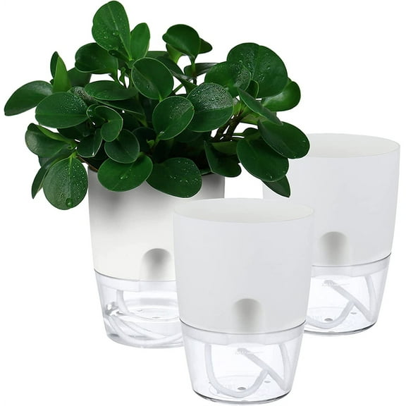 NOGIS Self Watering Planters Pots, 3 Pack 6 Inch Plant Pots, Modern Decorative Flower Pots with Transparent Water Storage Bottom, Perfect for Indoor House Plants, Flowers, Herbs (6 Inch, White)