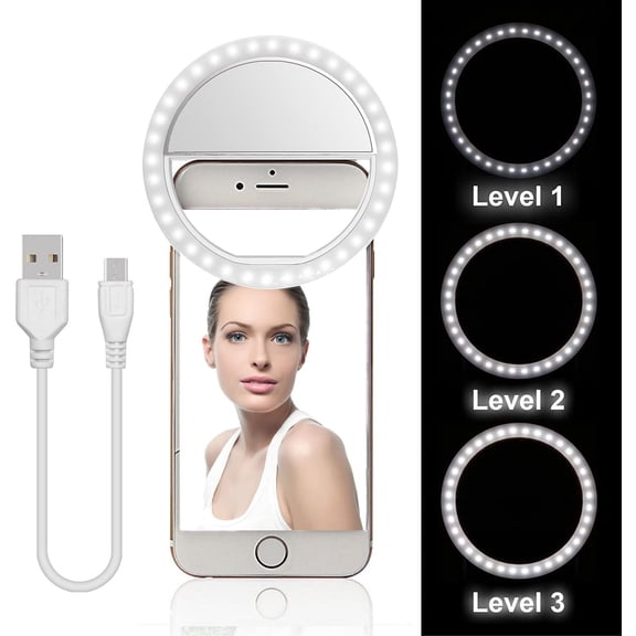 NOGIS Selfie Ring Light 36 LED Rechargeable Light Camera Photography Webcast Make Up with 3 Brightness Modes Adjustment Clip On for iPhones Samsung Portable Ring Light LED Circle Light