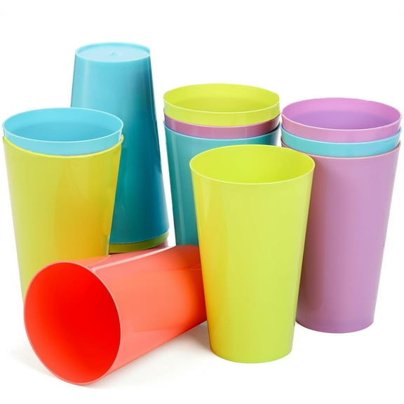 NOGIS Set of 12 Kids Plastic Cups- 9 oz Children Drinking Cups Reusable Unbreakable Plastic Stackable Water Tumblers for Kids Bright Colored- Dishwasher and Microwave Safe (Random Color)