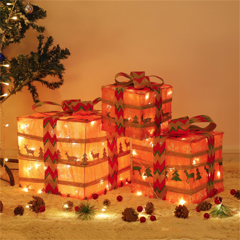 NOGIS Set of 3 Christmas Lighted Gift Boxes, PreLit 60 LED Light up