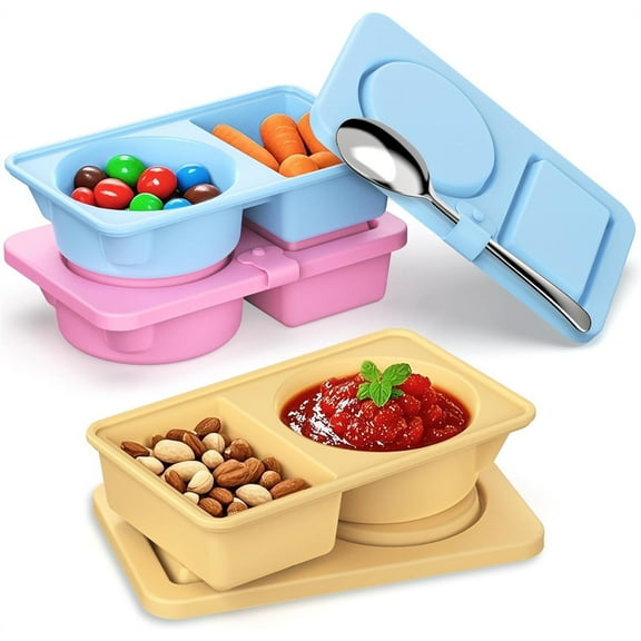 NOGIS Silicone Reusable Snack Containers with Lids, 3 Pack Double/2 Compartment Snackle Box Container for Salad Sauce, Condiment Containers with Lids for Portion Control, Travel, Picnic