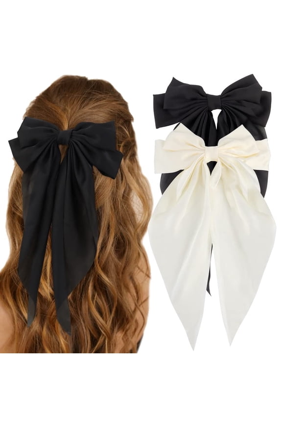 NOGIS Silky Satin Hair Bows 2 Pcs Big Hair Bows for Women Hair Ribbons Oversized Long Tail White Hair Bow Black Hair Bow Large Hair Ribbon Barrettes Metal Clips Bowknot Hair Accessories