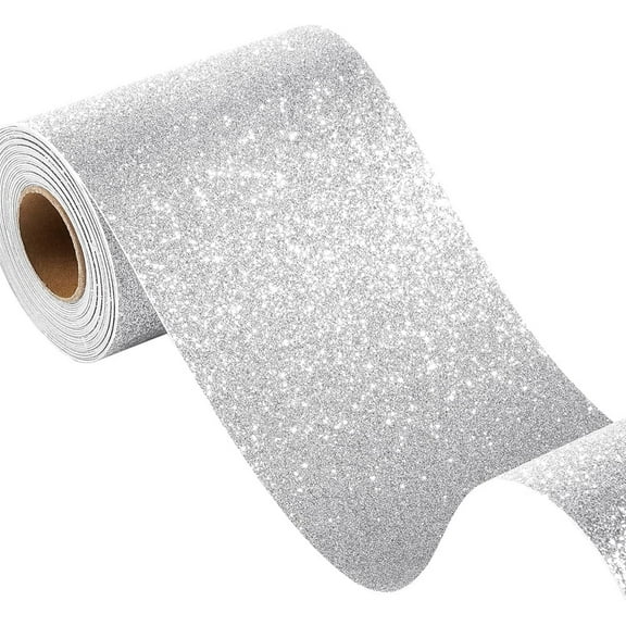 NOGIS Silver Wallpaper Border Self Adhesive Sparkle Wall Borders Peel and Paste Removable Glitter Fabric Wallpaper Border Decorative Bedroom Living Room Walls Crafts Bulletin Boards 3.9"x118"