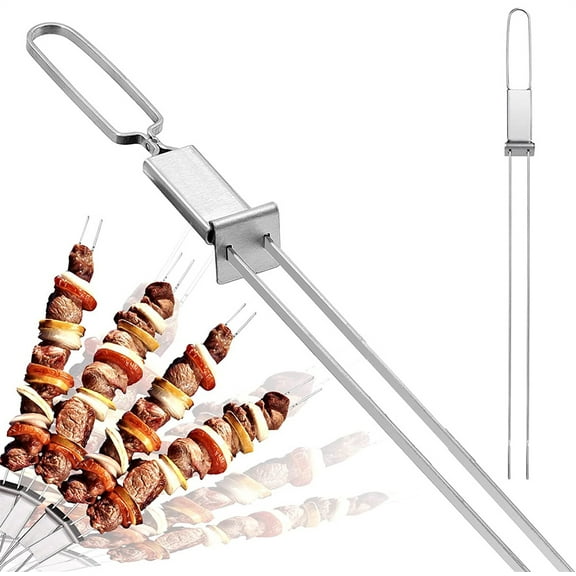 NOGIS Skewers for Grilling- 12.6" Long Double Pronged BBQ Skewers with Push Bar- Shish Kabob Skewers - Stainless Steel Skewer Sticks for Camping or family - Reusable Skewers - 2 Pack