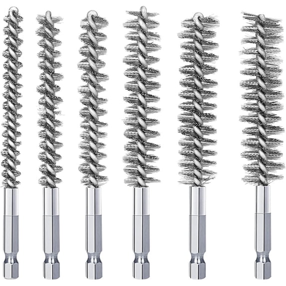 NOGIS Stainless Steel Bore Brush, 6 Pieces Bore Cleaning Brush Set with Handle, Wire Bore Brush Set in Different Sizes for Power Drill Impact Driver