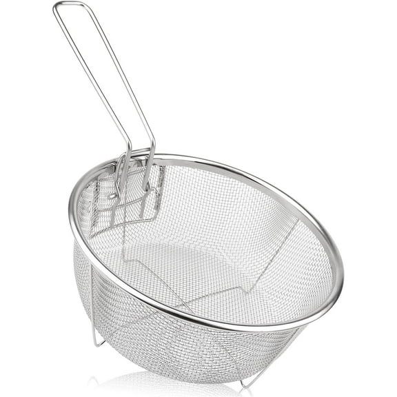 NOGIS Stainless Steel Deep Fry Basket Fried Basket, Round Fryer Basket, Deep Wire Strainer for Frying, Oil Drainer Strainer Tool with Handle, Ideal for Chips, Fries, Shrimps（23x23cm）