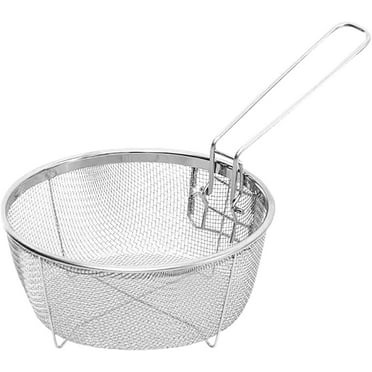 NOGIS Stainless Steel Deep Fry Basket, Multifunctional Foldable Drain Basket Round Wire Mesh French Chip Frying Serving Food Presentation Tableware with Folding Handles（20x20cm）