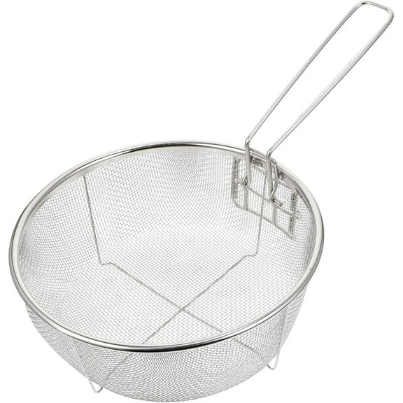 NOGIS Stainless Steel Deep Fry Basket Round Wire Mesh Fry Basket, French Chip Frying Serving Basket With Folding Handle for Kitchen Frying（23x23cm）