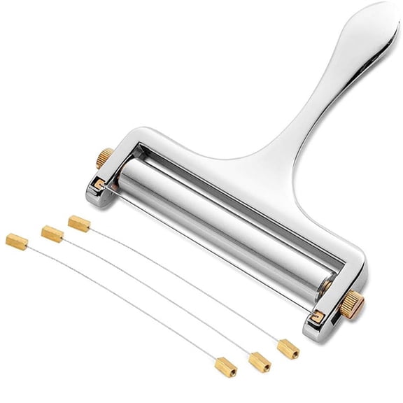 NOGIS Stainless Steel Wire Cheese Slicer With 3 Extra Wires - Hand Held Cheese Cutter for Cheddar, Gruyere, Raclette, Adjustable Cheese Shaver, Thick & Thin Slicer, Cheese Curler (Silver)