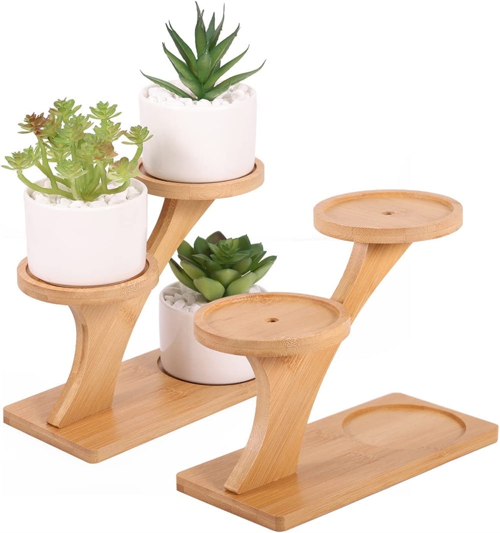 NOGIS Tabletop Bamboo Succulent Plant Stand Indoors Desktop Window Sill  Plant Shelf 2 Packs, Small Mini 3 Tier Plant Holder for Indoor Plants Table  ...