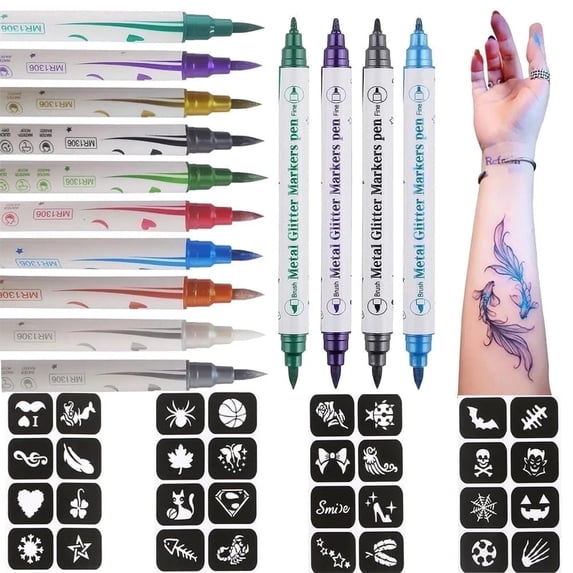 Temporary Tattoos Markers Set, 32 Paint Stencils + 10 Colors Body Markers Tattoo Pen, NOGIS  Christmas Gifts Tattoo Stencil Stuff for Girls Boys Teens Glow Party Supplies