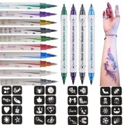 NOGIS Temporary Tattoos Colorful Metallic Markers Set, 32 Paint Stencils + 10 Colors Body Markers tattoo Pen, Christmas Gifts Tattoo Stencil Stuff for Girls Boys Teens Kids Glow Party Supplies