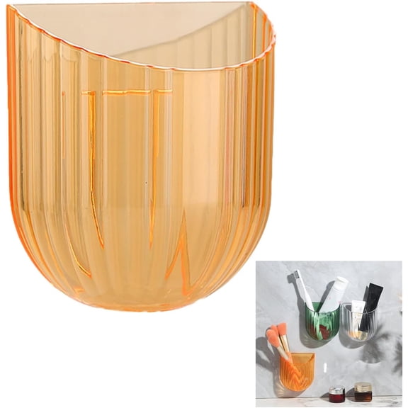 NOGIS Wall Mounted Storage Holder, Transparent PS Plastic, Clear Orange, 3.9x3.5x1.9 Inch, Adhesive Organizer for Cosmetics, Phone, Remote (Orange)
