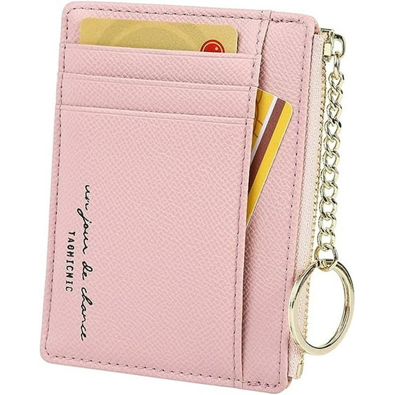 NOGIS Women Slim Leather Card Case Holder Small Wallet Cute Coin Purse Girl Mini Wallet with Keychain (Pink)