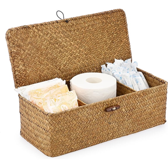 NOGIS Woven Basket for Shelf Wicker Shelf Storage Basket with Sections Seagrass Storage Basket with Lid for Toiletry Rectangular Storage Basket for Shelf Bathroom Table Desk (Light Orange)