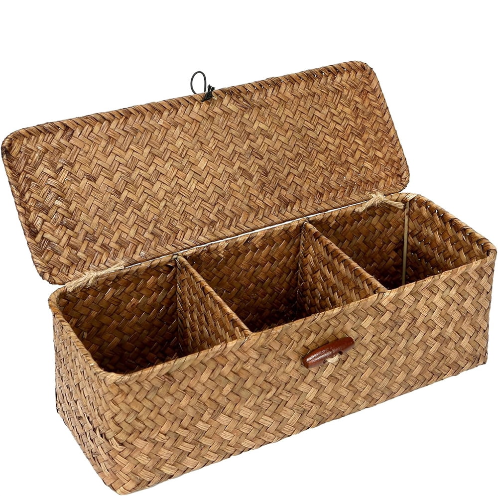 Seagrass Storage Basket with Lid Wicker Storage Basket with 3 Sections,NOGIS Woven Shelf Basket for Toiletries Tampon Storage, Seagrass Basket for Shelf Bathroom Toilet Table Counter,Coffee
