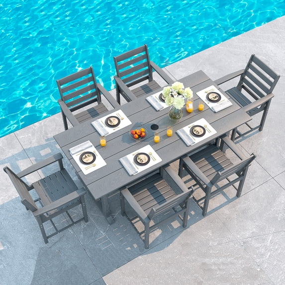 NOICOI Outdoor 7-Piece Dining Table Set, HDPE Outdoor Dining Table Sets with Umbrella Hole Cut-Out Table and 6 Chairs, Gray