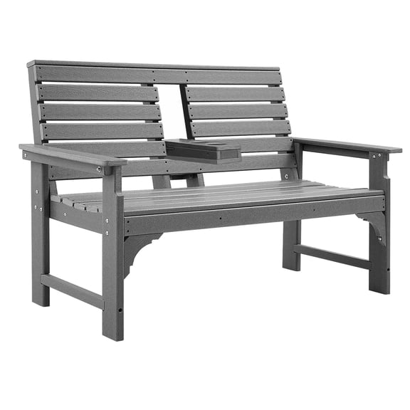 NOICOI HDPE Outdoor Bench 2-Person Garden Bench with Cup Holders Backrest and Armrests, Patio Park Bench for Front Porch Backyard Park Gray