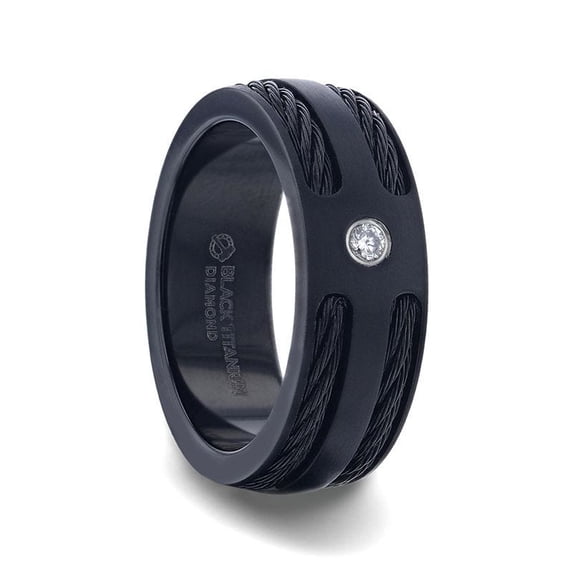 NOIR Double Black Rope Inlaid Brushed Matte Black Titanium Men's Wedding Band With Black Edge Channel Setting And White Diamond In The Center - 8mm - Size 15