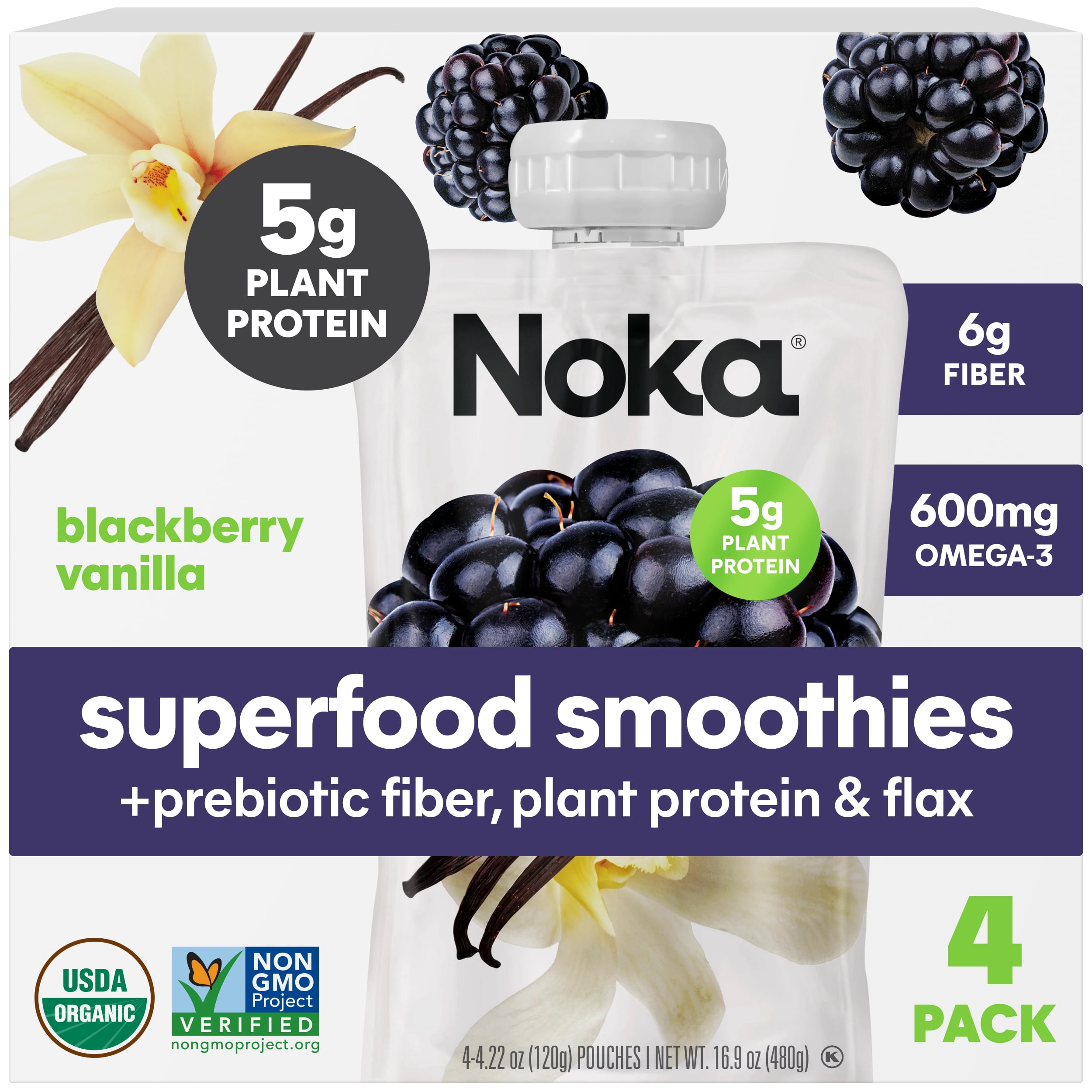 Noka Organic Superfood Smoothie Pouches, Plant Protein, Blackberry
