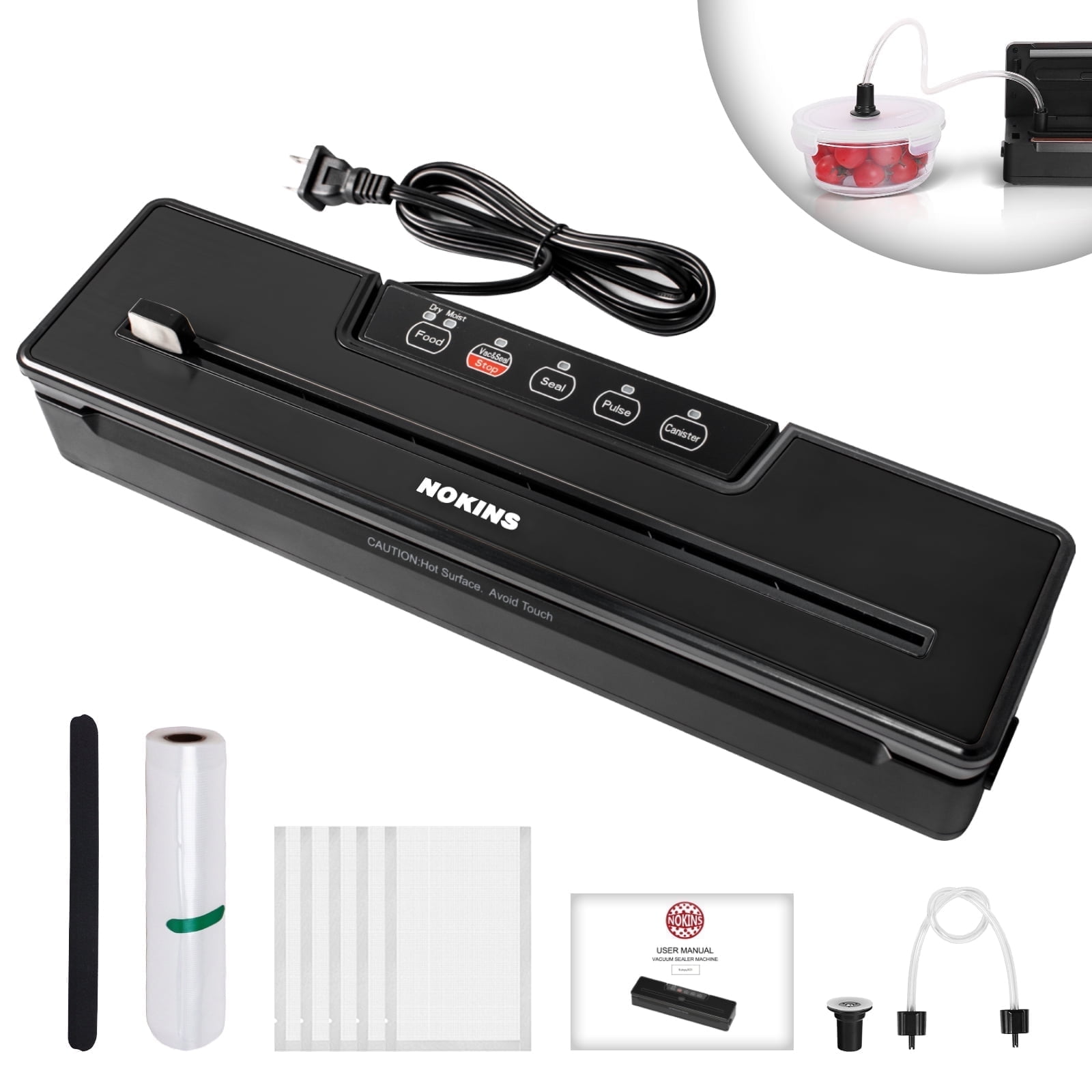 NOKINS 8-in-1 Food Vacuum Sealer Machine, Black, with Stainless Steel Surface and Detachable Drip Tray