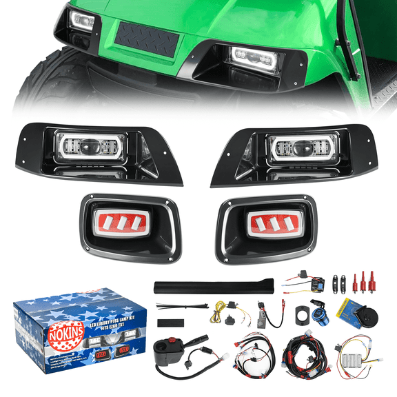 NOKINS LED Deluxe Plus Lamp Kit Fit EZGO TXT 1996-2003 Golf Cart, Acc Voltage Reducer, USB, Low/High Beam, DRL, Turn Signal Light, Tail Light, Pull Spring Brake Light Switch, Horn