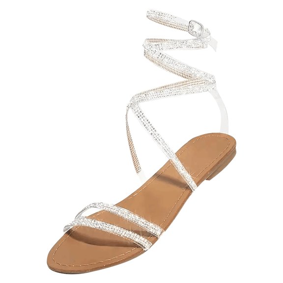NOKIO Affordable Women'S Slide Shoes Women's Summer Flat Bottom Rhinestone Sandals With Diamond Straps And Tie Straps Women's Strappy Sandals Lace Up Flats Tie Up Open Toe Ankle Strap Shoes