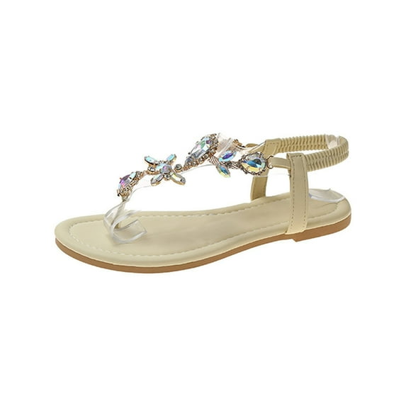 NOKIO Ankle Sandals for Ladies Colorful Rhinestone Human Character Sandals Women's Summer Flat Heels Wearing Flowers Beach Female Sandals